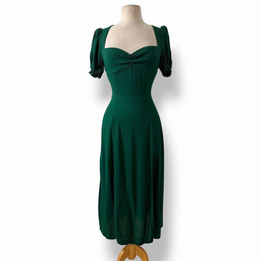 Reformation Lacey Emerald Green Puff Sleeve High Slit Romantic Midi Dress 10